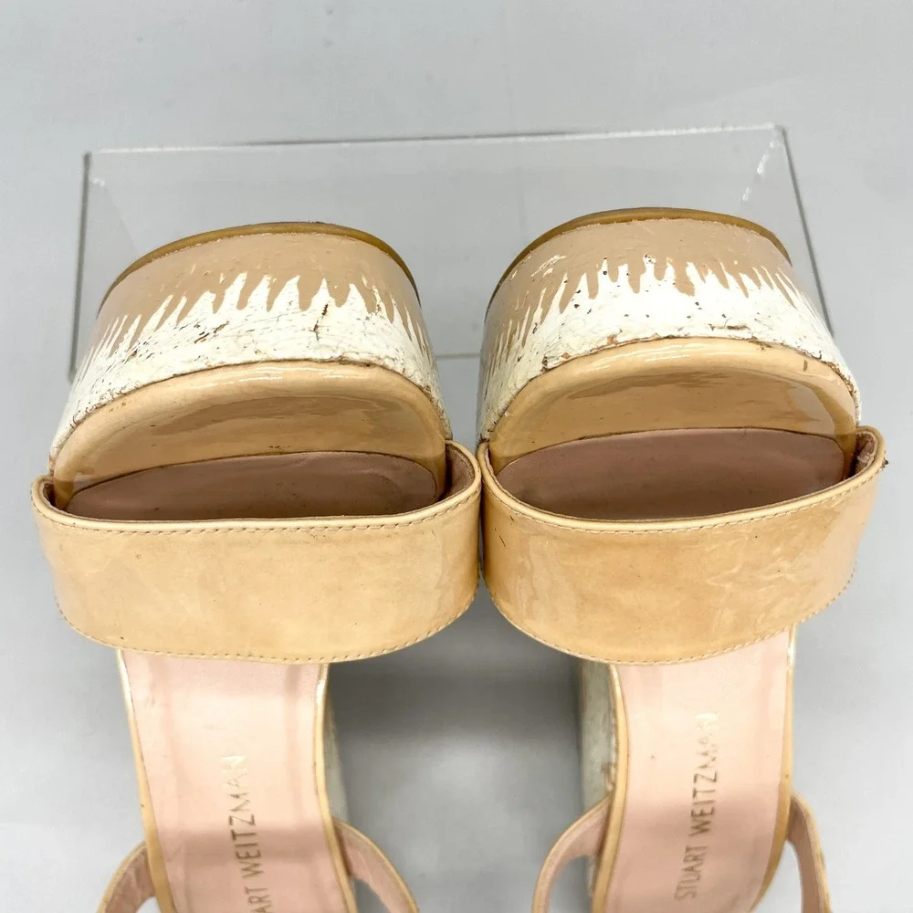 Stuart Weitzman Womens 8M Single Sky Cork Wedge Tan Patent Leather Heels Boho - Picture 10 of 12